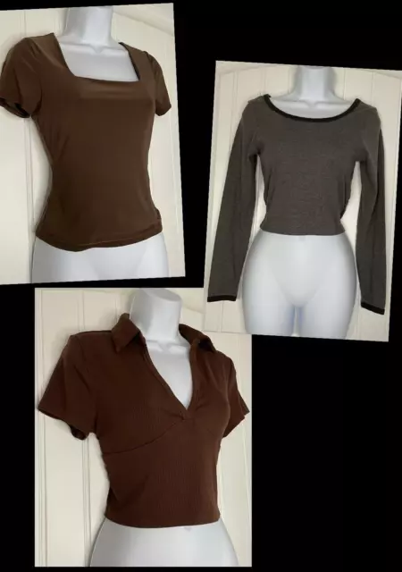 Lot Of 3 Crop Tops Size X Small- Large Juniors Brown, Gray Short/ Long Sleeve