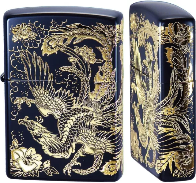 Zippo Phoenix Black Gold 2 Consecutive Sides Etching Lighter Brass