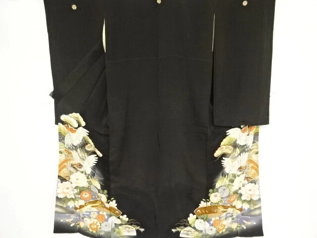 01696# Japanese Kimono / Antique Tomesode / Embroidery / Kinsha / Pine & Cra