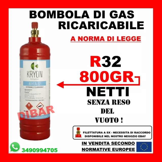 Bombola Di Gas Refrigerante R32 Da 1Kg Net. 800 Gr Ricaricabile Senza Reso Vuoto