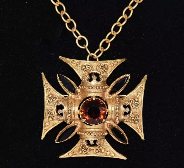 Excellent FLORENZA  MALTESE CROSS Pendant Brooch Necklace w/ Amber TOPAZ Center