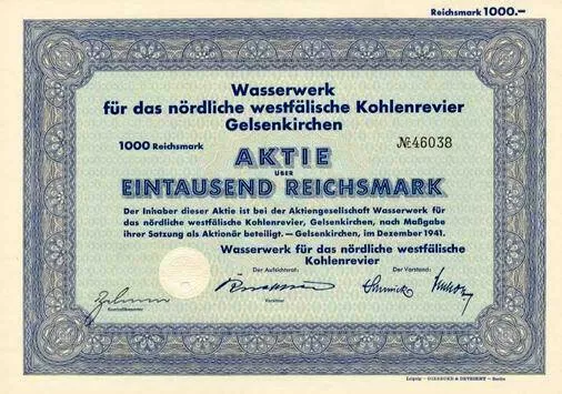 Lot 10 Wasserwerk f d n.w. Kohlenrevier Gelsenkirchen Aktien 1941 Gelsenwasser