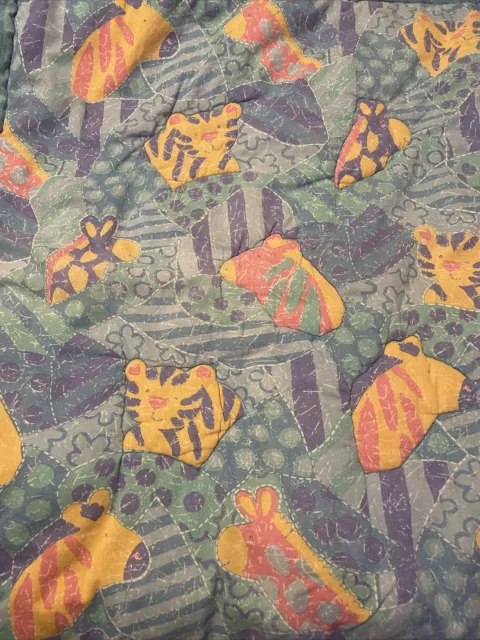 Fisher Price Baby Blanket Quilt Vintage Blue Teal stripes Tiger Giraffe 32 x 40”