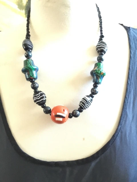Collier Pâte De Verre Murano, Perles Céramique Et Agate – Vintage, Longueur 41-45 Cm