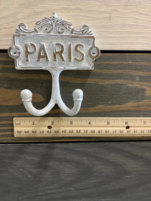 Antique Metal Wall Hook White Finish Paris Double Coat Hat Towel Hanging Vintage