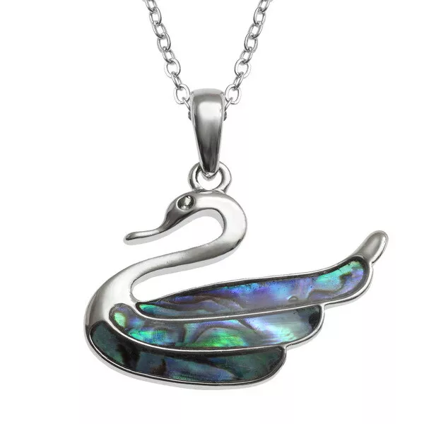 Swan Silver Necklace Pendant Paua Abalone Shell Womens Jewellery - Gift Boxed