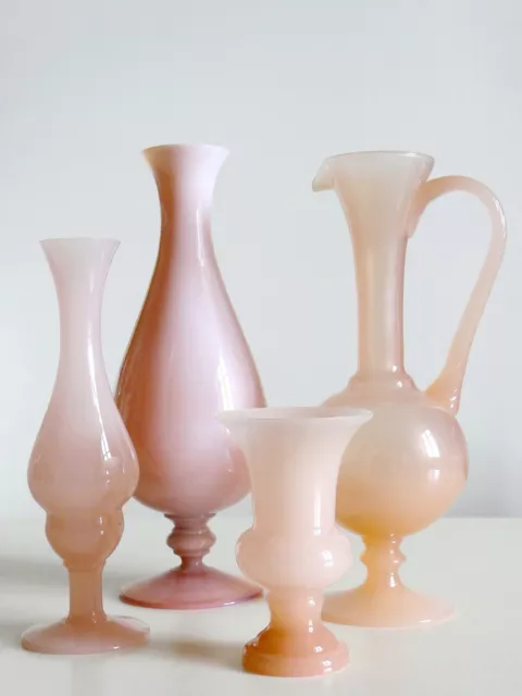 Lot de 4 vases opaline savonneuse rose/oranger vintages verre Français