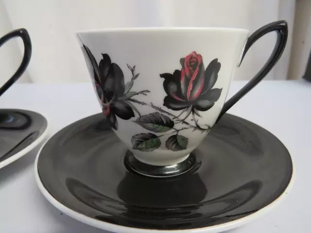 Royal Albert bone china Masquerade black white pink etc floral cup & saucers x 2 2