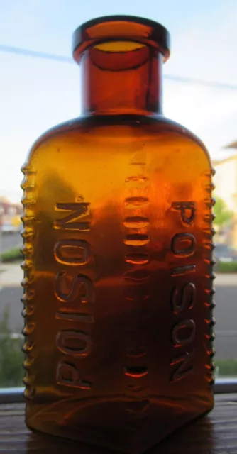 Sparkling Mint Medium Size Mold Blown Golden Honey Amber Hobnailed Poison Bottle