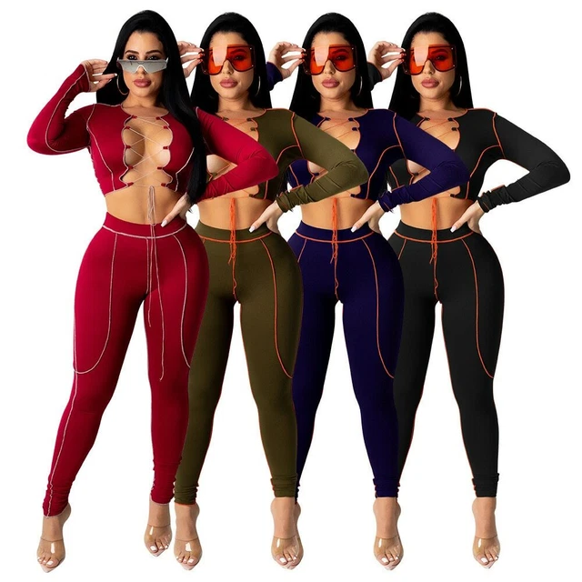 Sexy Outfit Women 2021 Black Green Front Tie Top Pants Set Two Piece Outfits