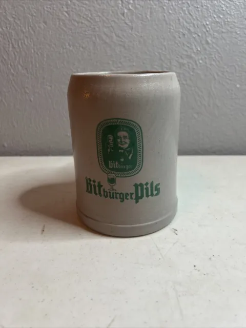 Vintage Bitburger Pils Beer Stein Stoneware Mug Germany Green Logo .5 L Mark
