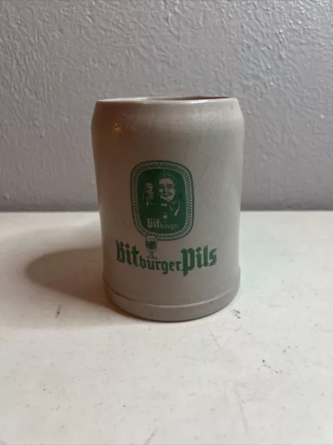 Vintage Bitburger Pils Beer Stein Stoneware Mug Germany Green Logo .5 L Mark