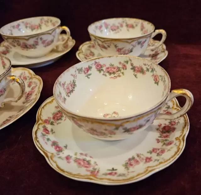 Haviland Limoges France Set of 4 Cups & Saucers Pink Rose Swags Gold Schleiger