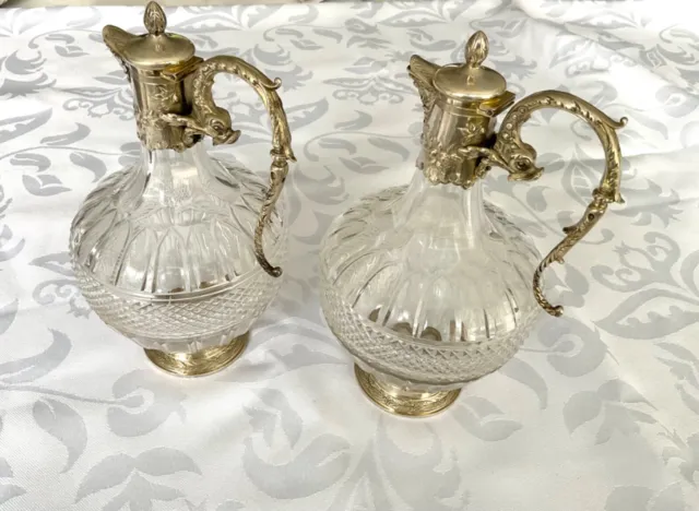 Antique french sterling silver Wine Cut Crystal Claret Jugs Ewer Decanters 2/PS