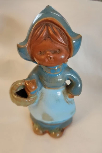 Vintage Uctci Japan Redware Clay Pottery Girl With Green Basket Rare Figurine