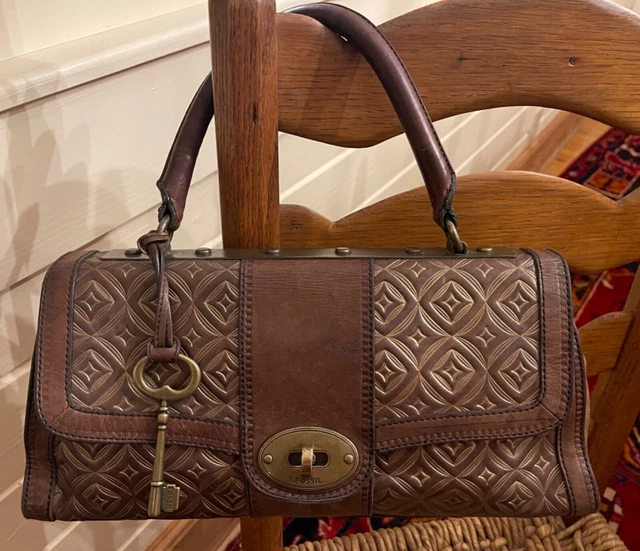 Fossil Vintage Revival Top Handle Embossed Bag Leather Brown Gold Fossil Vintage Revival Top Handle Embossed Bag Leather Brown Gold