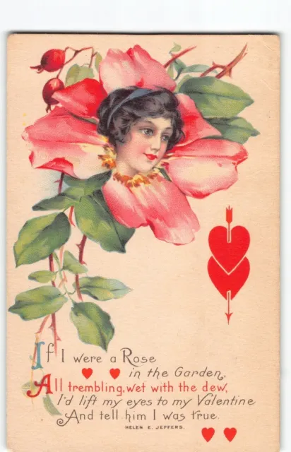 HELEN JEFFERS Artist Signed~Face in Flower Valentine Greeting Antiq. Postcard-D9