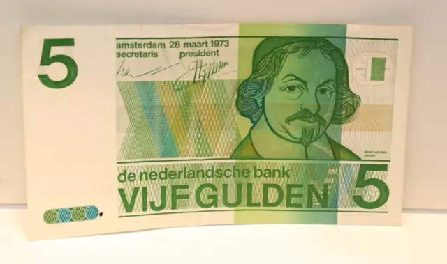 1973 Netherlands 5 Gulden Banknote VF/XF