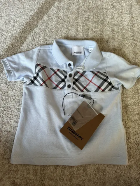 Authentic Burberry Baby Or Toddler Boys Blue T-shirt Polo Checked RRP $450