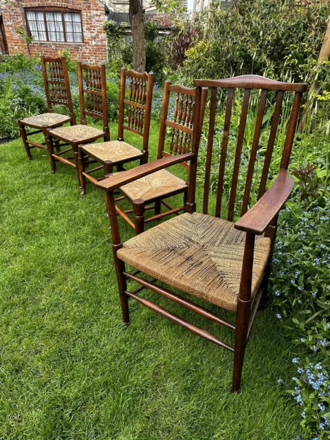 Five Antique Oak  Reed Dining Chairs With Carver