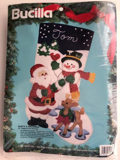 VTG Bucilla Felt Sequin Christmas Stocking Kit Santa Snowman Reindeer 1990s NIP