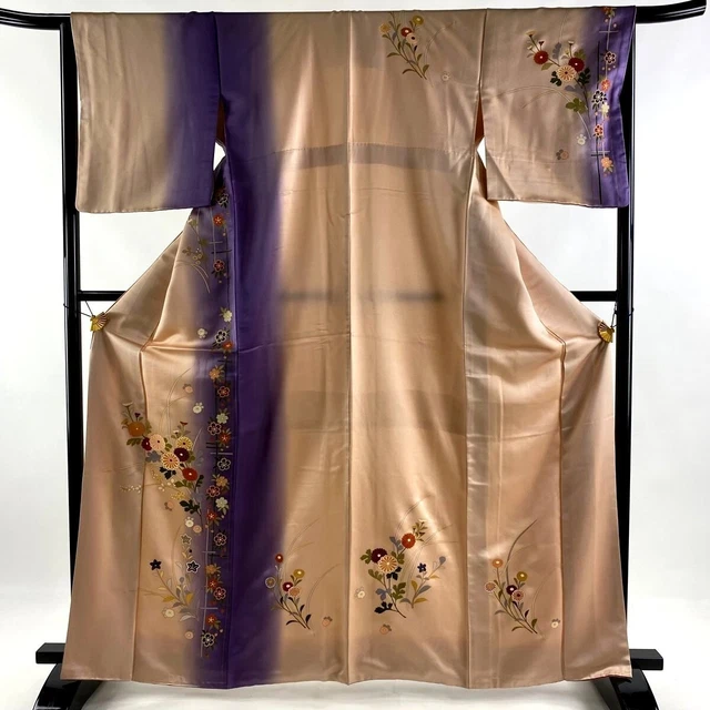 Japanese kimono  "HOMONGI", Gold leaf, KIKU,SAKURA,Pink-Beige ,L5' 5"...3515
