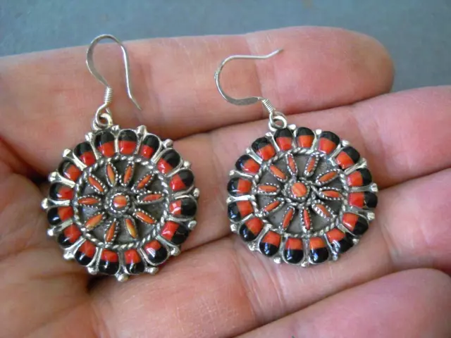 Southwestern Native American Zuni Coral Jet Sterling Silver Hook Earrings