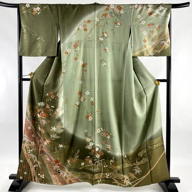 Japanese kimono  "HOUMONGI",  Gold leaf, Embroidery, Stream,Green, L5' 4"..3176