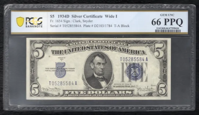 Fr. 1654 1934-D $5 Wide I Silver Certificate Pcgs Banknote Gem Unc-66Ppq (B)