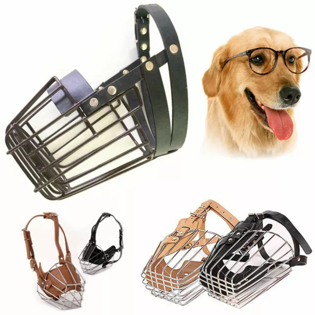 Metal Wire Leather Basket Cage Dog Mouth Muzzle w Adjustable Straps No Bite Bark