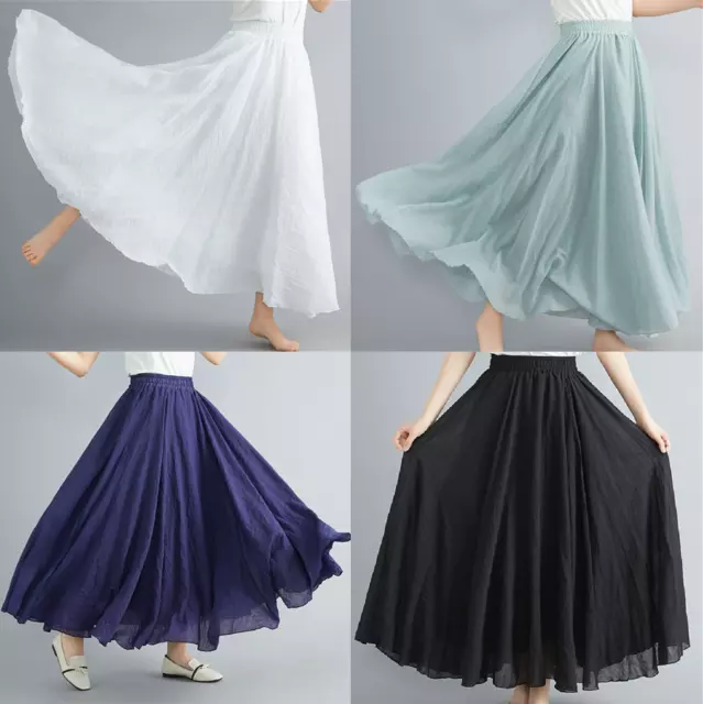 Women Summer Solid Long Dress Elastic Waist Pleated Boho Beach Maxi Skirt