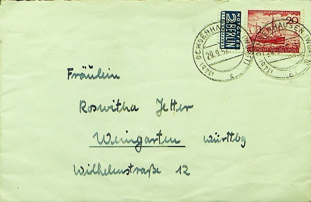 Deutschland 1952 20pf+2pf Berlin Tax Label Von Ochsenhausen Sich Wilhelmstraße
