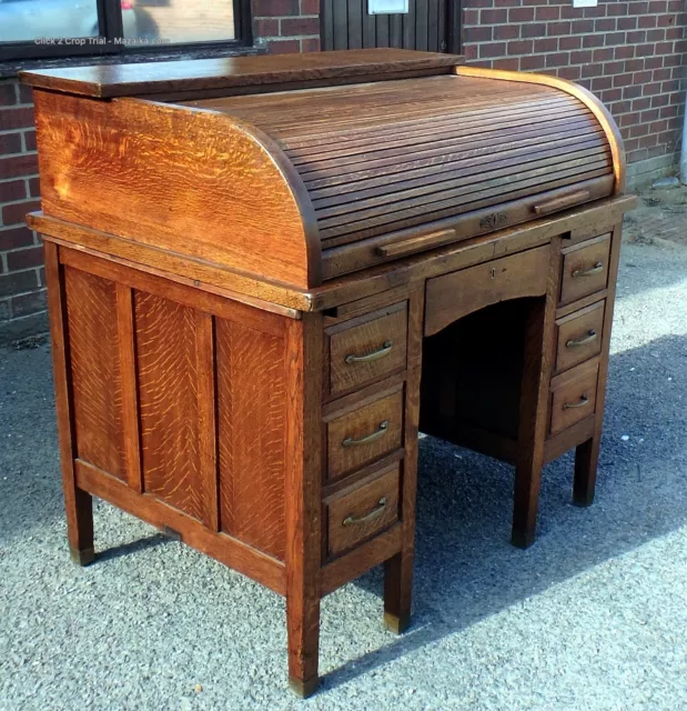 Edwardian antique oak roll top desk C1910 compact home office writing table