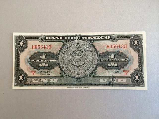 1 Peso Mexico Banknote 1959 Aztec Calendar Serie Iv 35
