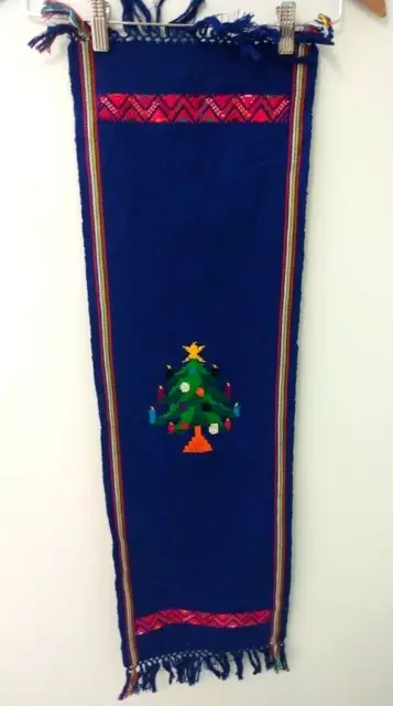 Handwoven Christmas Tree Blue Table Runner South American Mexico Style Fringe