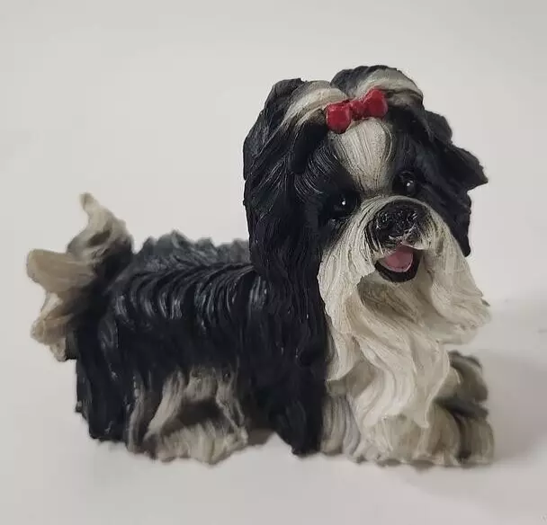 Cute Puppy Shih Tzu Dog Statue/Figurine Black & White Red Bow