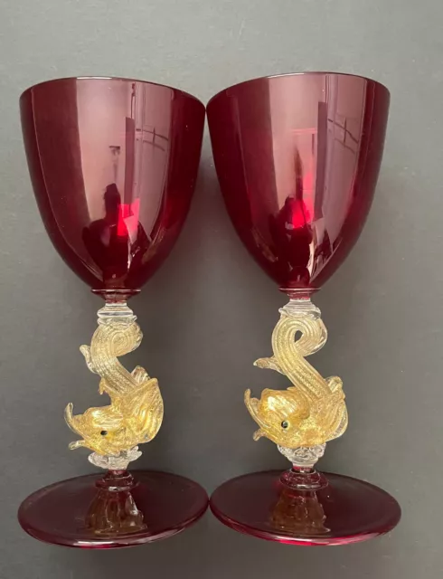 Salviati Murano Venetian Ruby Red Wine Glass Set of 2 Gold Leaf Dolphin
