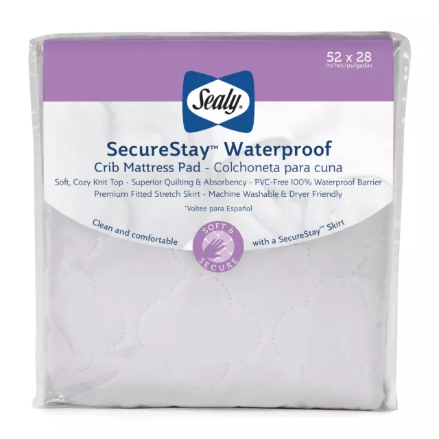Sealy SecureStay Waterproof Crib Mattress Pads, Easy Clean Washable, Crib, White