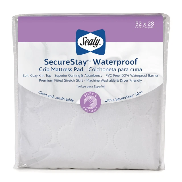 Sealy SecureStay Waterproof Crib Mattress Pads, Easy Clean Washable, Crib, White