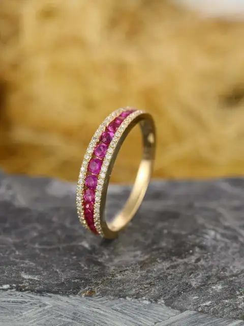 2Ct Round Cut Lab Created Red Ruby Pretty  Band Ring 14k Yellow Gold Plated