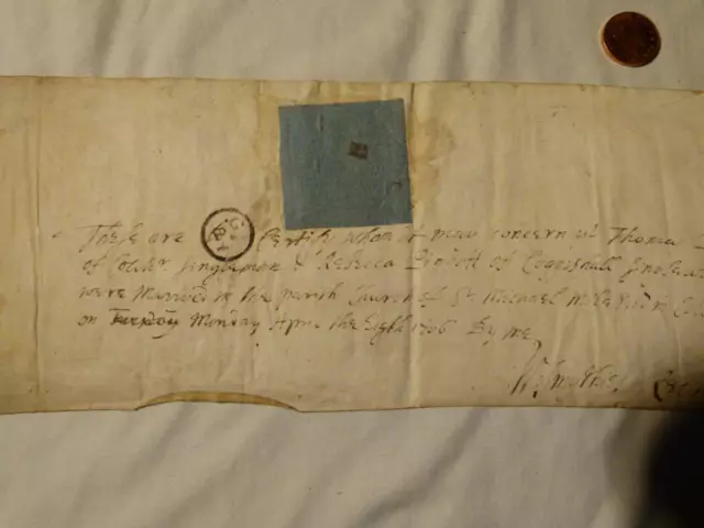 Original 1706 PIGGOT - PARTRIDGE Myland Coggeshall MARRIAGE Certificate #F48