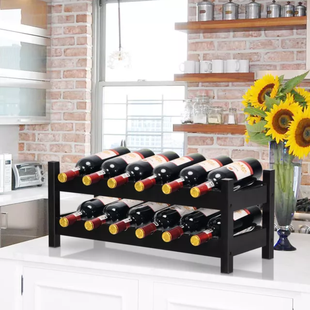 Giantex Wine Rack 2-Tier Bamboo Display Storage Shelf 12 Bottles Holder Kitchen