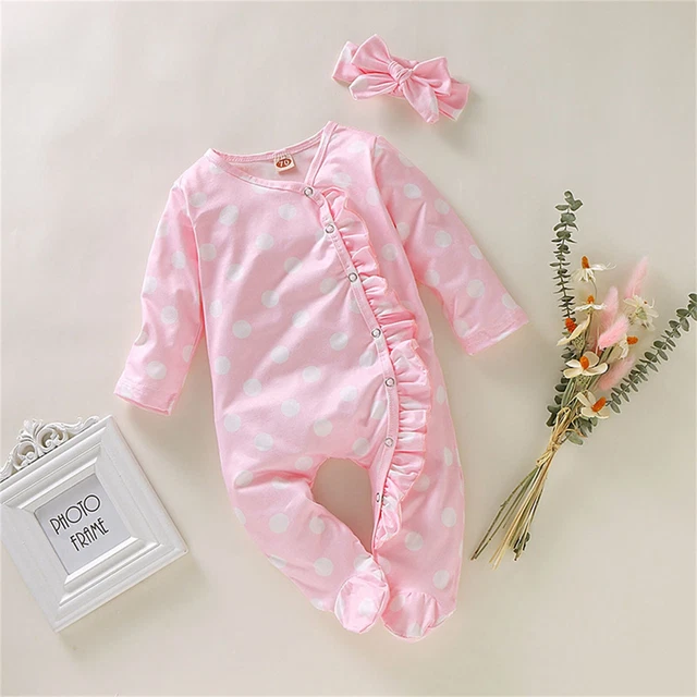 Newborn Infant Baby Girl Boy Ruffle Polka Dot Footed Sleeper Romper Headband
