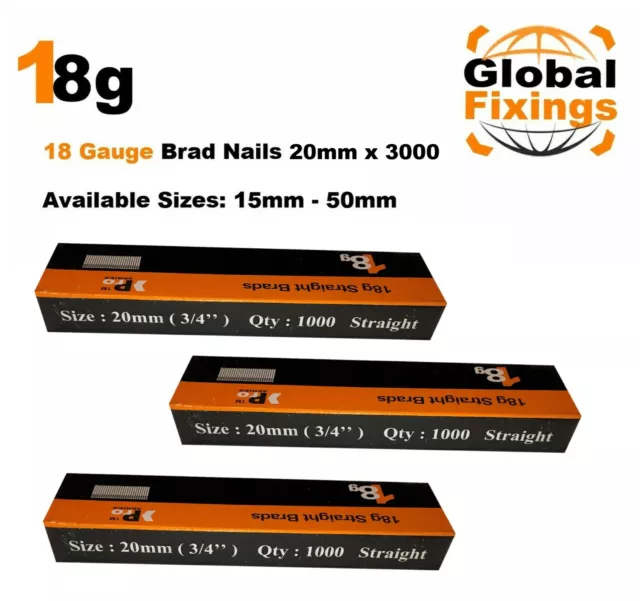 18g Straight 3000 x 20mm Brad Nails, galv to suit all 18g nailers