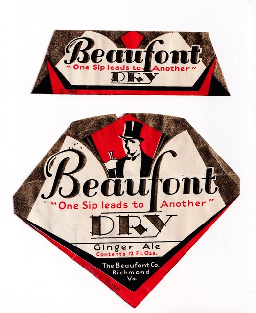 1920s BEAUFONT CO, RICHMOND, VIRGINIA GINGER ALE PROHIBITION LABEL SET