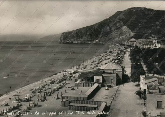 1950 FINALE LIGURE Spiaggia e tre Viali delle Palme panorama Savona Cartolina