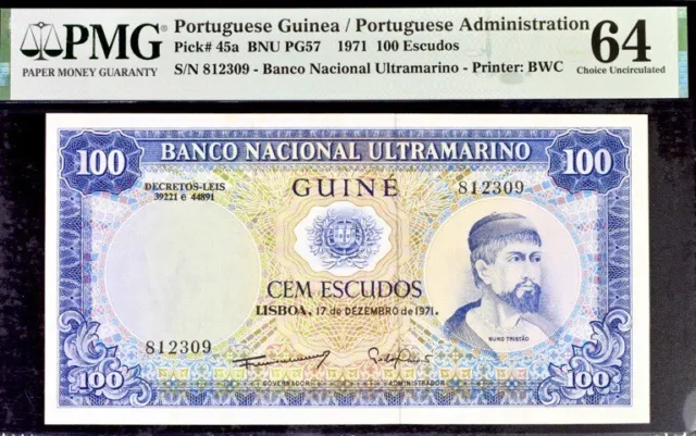 Portuguese Guinea 100 Escudos Pick# 45a 1971 PMG 64 Uncirculated Banknote