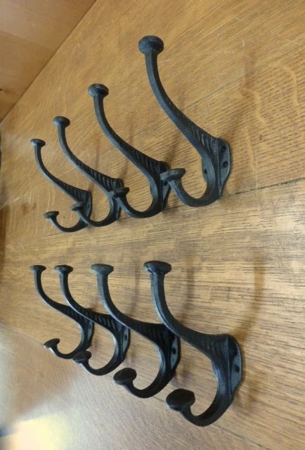 8 BLACK ETCHED SIDE DOUBLE HOOKS 5" ANTIQUE-STYLE RUSTIC CAST IRON wall coat hat