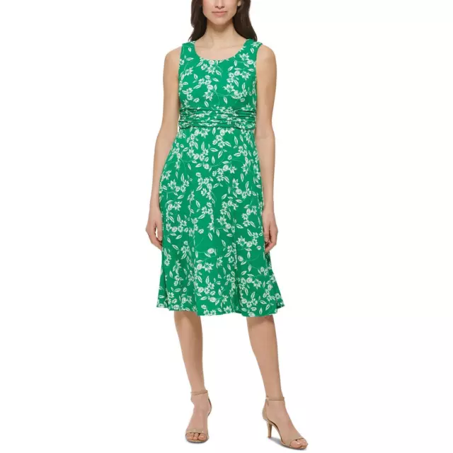 Jessica Howard Womens Green Floral Print Ruched Midi Dress Petites 4P BHFO 7000