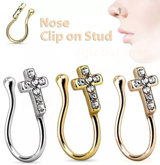 Cross Clip On Nose Stud Cuff Fake Ring Septum Jewelry, Zircon For Women